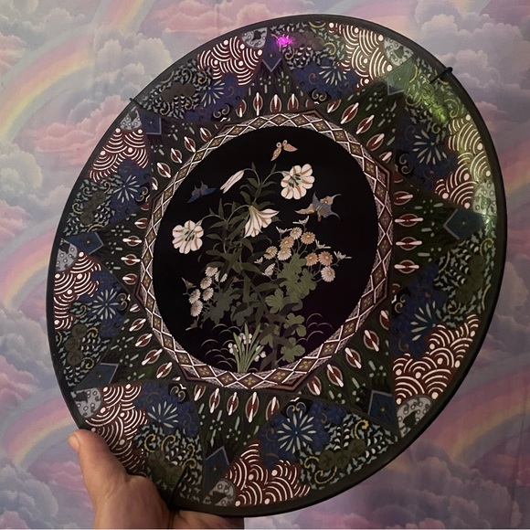 RARE ANTIQUE MEIJI floral cloisonné bronze art charger plate ready to hang - Picture 2 of 4